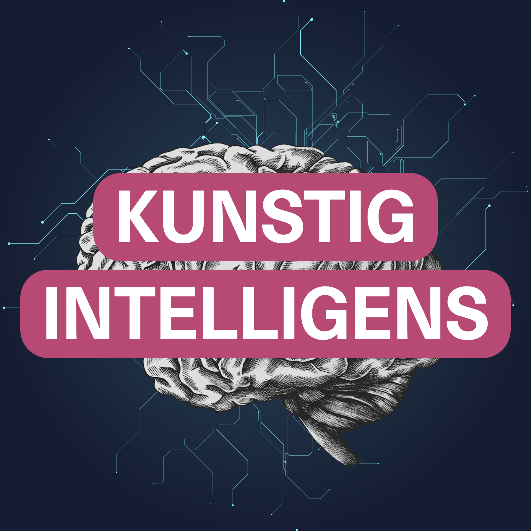 Illustrasjon av hjerne med teksten "Kunstig intelligens".