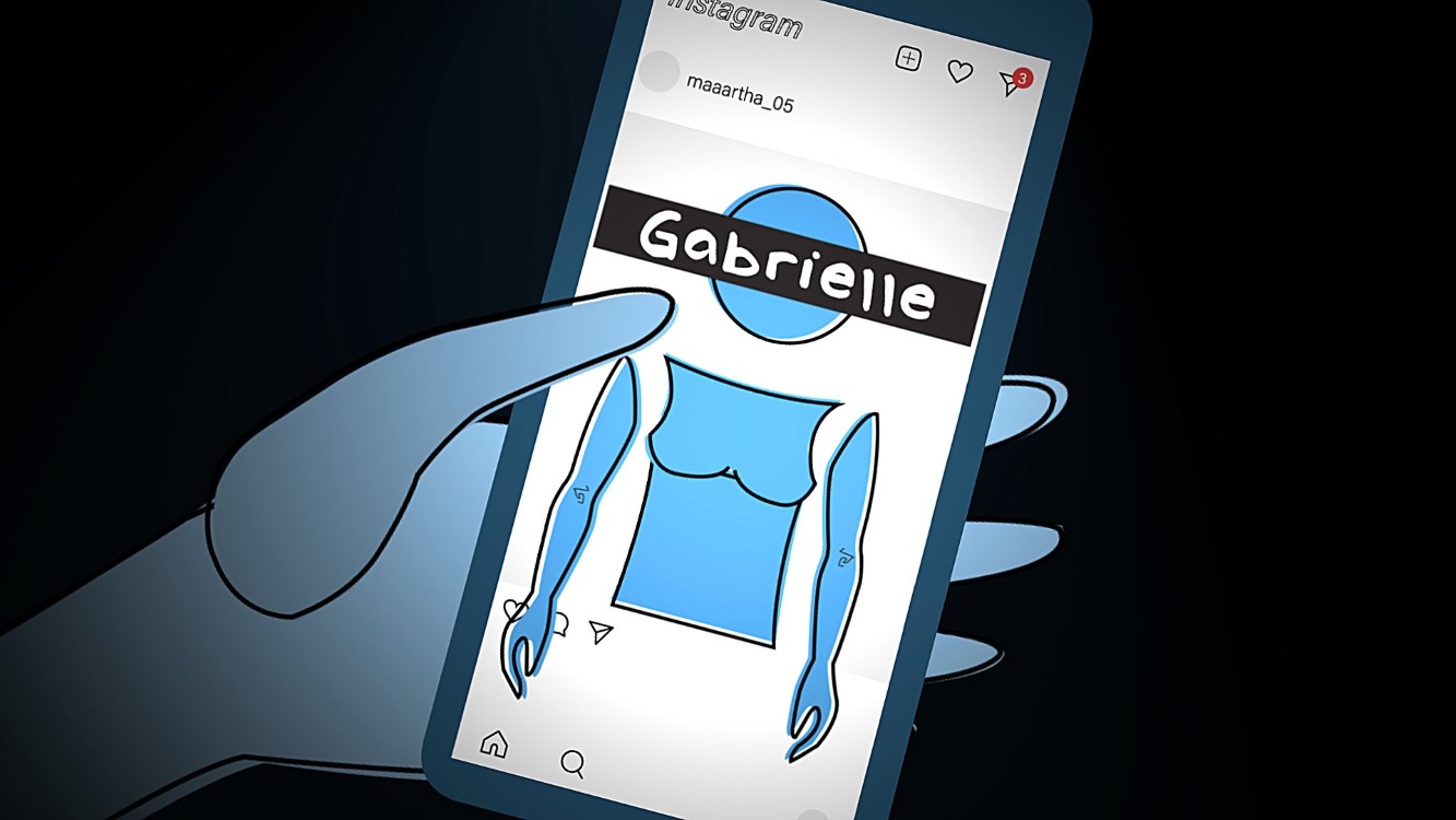 illustrasjon av mobilskjerm med namnet "Gabrielle" og overkroppen til ei jente.