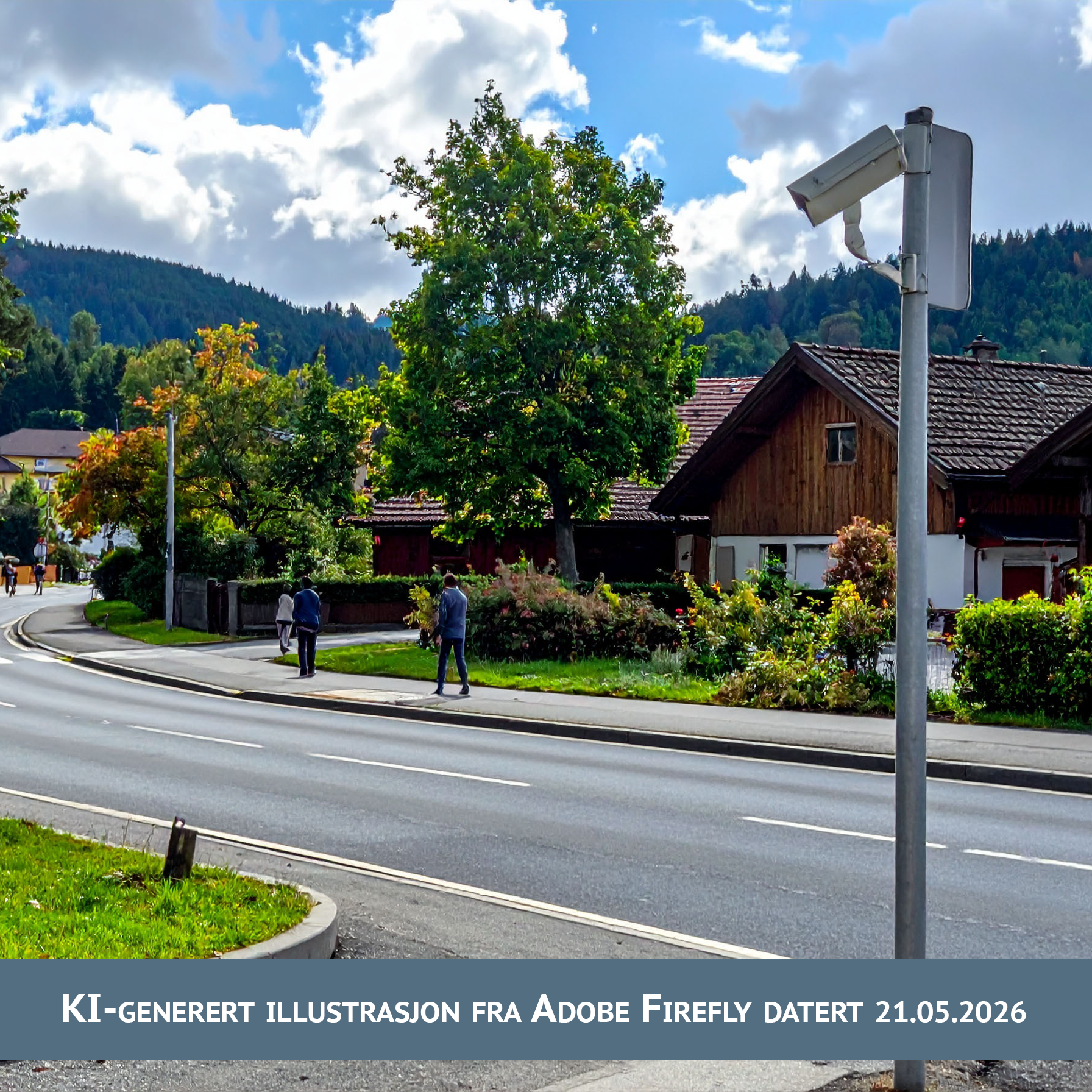 Et overvåkningskamera på en gate med småhusbebyggelse. Noen uidentifiserbare personer er synlig langt unna. Bildet er KI-generert av Adobe Firefly 21.05.2026.