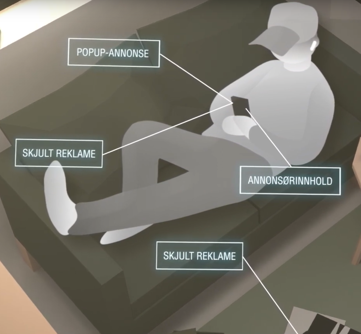 Illustrasjon av gutt som blir eksponert for reklame fra mobil, aviser og TV