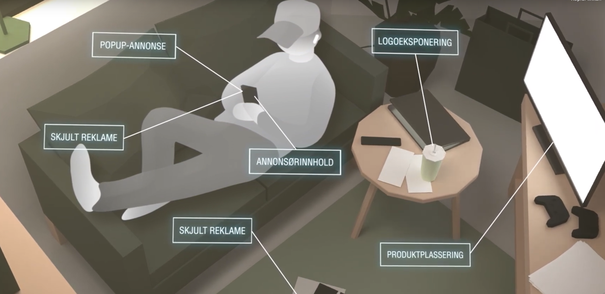 Illustrasjon av gutt som blir eksponert for reklame fra mobil, aviser og TV