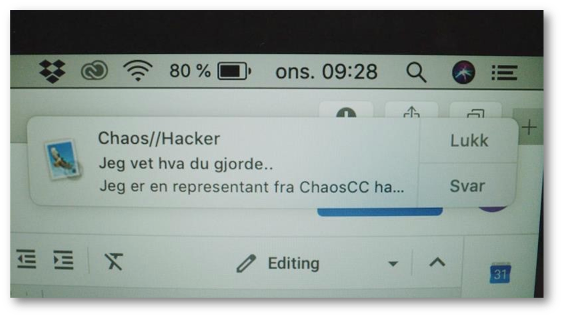 Skjermdump av en e-post med teksten "Jeg vet hva du gjorde"