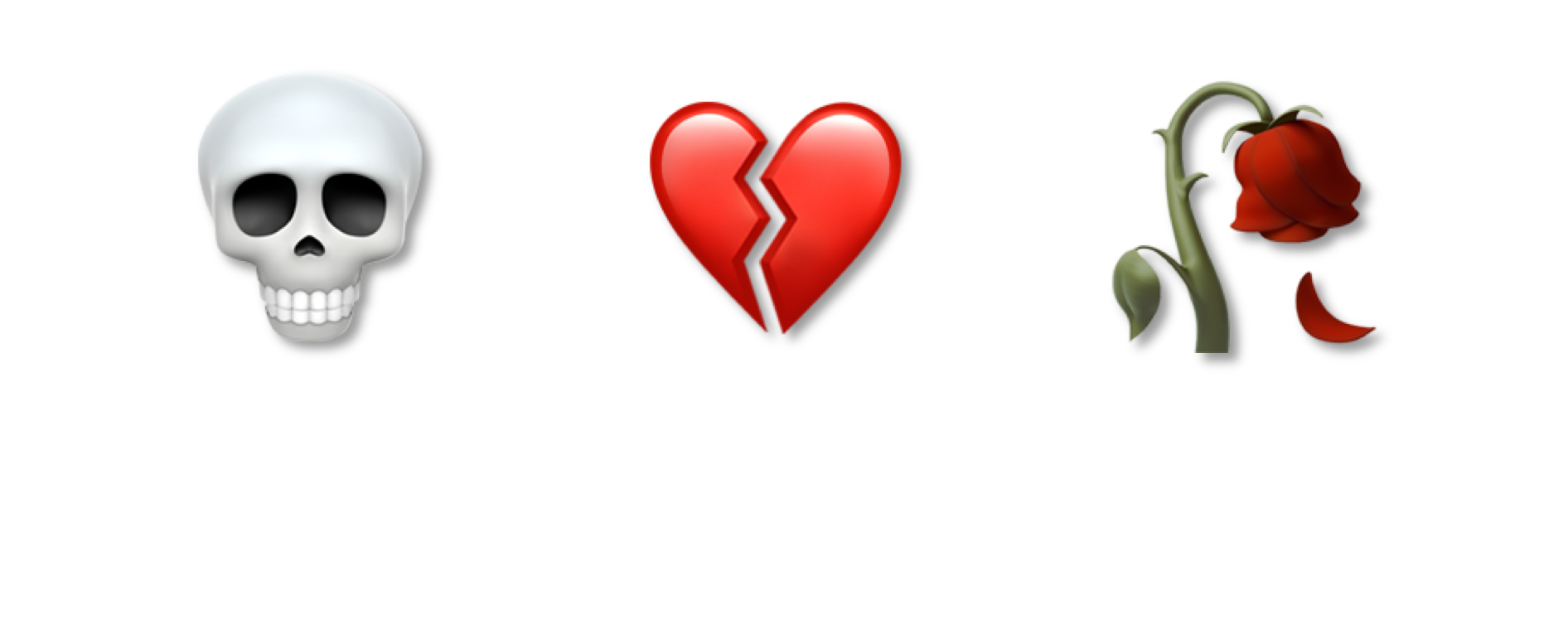 Emojiane knust hjarte, hovudskalle og vissen rose.